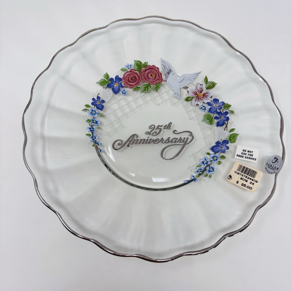 Vintage Fenton 25th Anniversary Fluted Glass Plate Floral Dove Silver Rim NOS